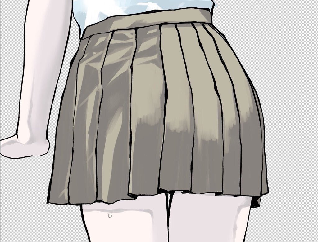 吉村拓也 イラスト講座 スカートの塗り方 5つのコツ 線画に強弱をつけるとシワの立体感を色で出しやすい 最初は濃淡の２色塗りで光の方向を意識して塗る スカートのくびれ辺りはシワがあるとそれっぽくなる 尻の半分から下に影を置いてボカ