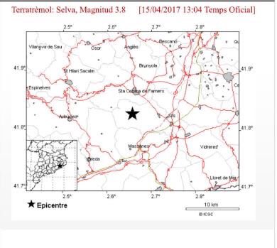 AjSCFarners's tweet photo. Un #terratrèmol de 3,8 graus amb epicentre a #Sils ha estat lleugerament percebut a #SCFarners a les 13:04h. No ha causat danys. https://t.co/D2JHUcQtPG