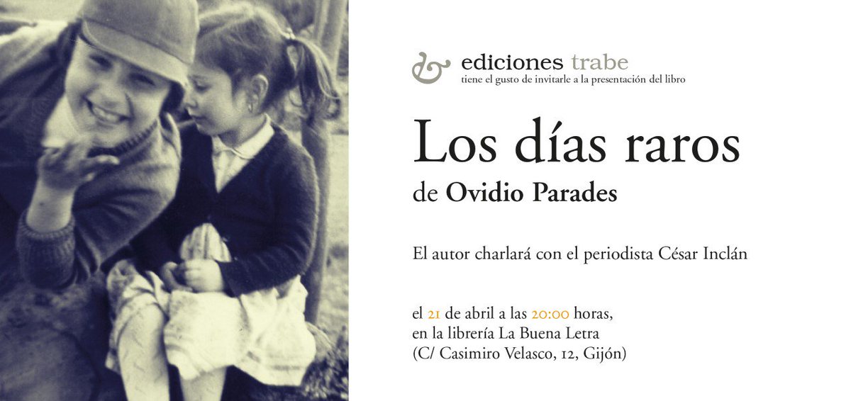 Será´el próximo viernes, a las 20 horas, en <a href="/labuenaletra/">Kathy Lee</a> (Gijón) <a href="/edicionesTrabe/">edicionesTrabe</a>. Con César Inclán.