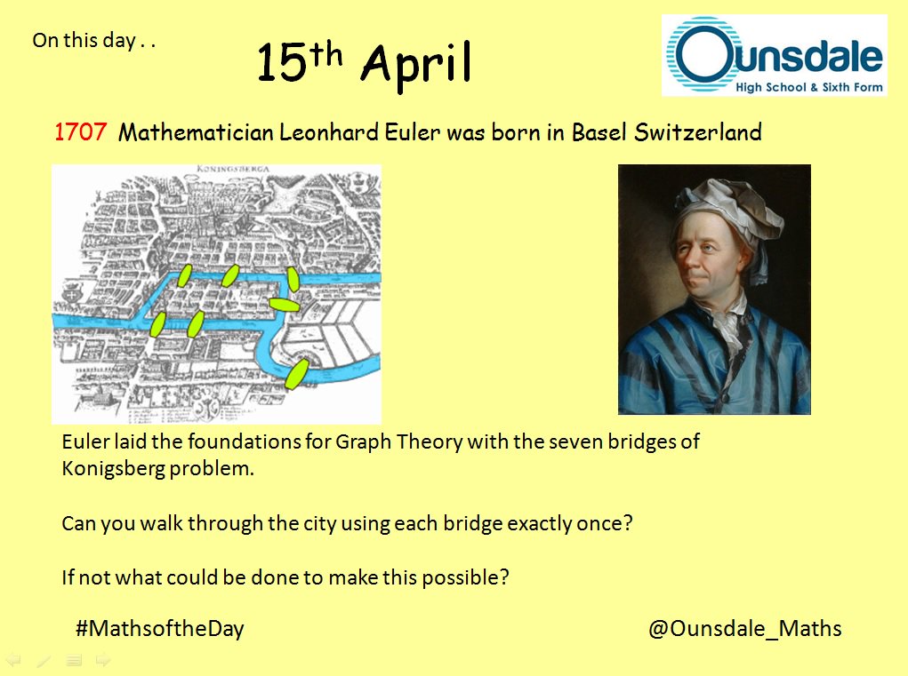 Ounsdale_Maths's tweet photo. #MathsoftheDay #Euler #Kaliningrad #DecisionMaths #Graphtheory https://t.co/dKfGiHCt6t