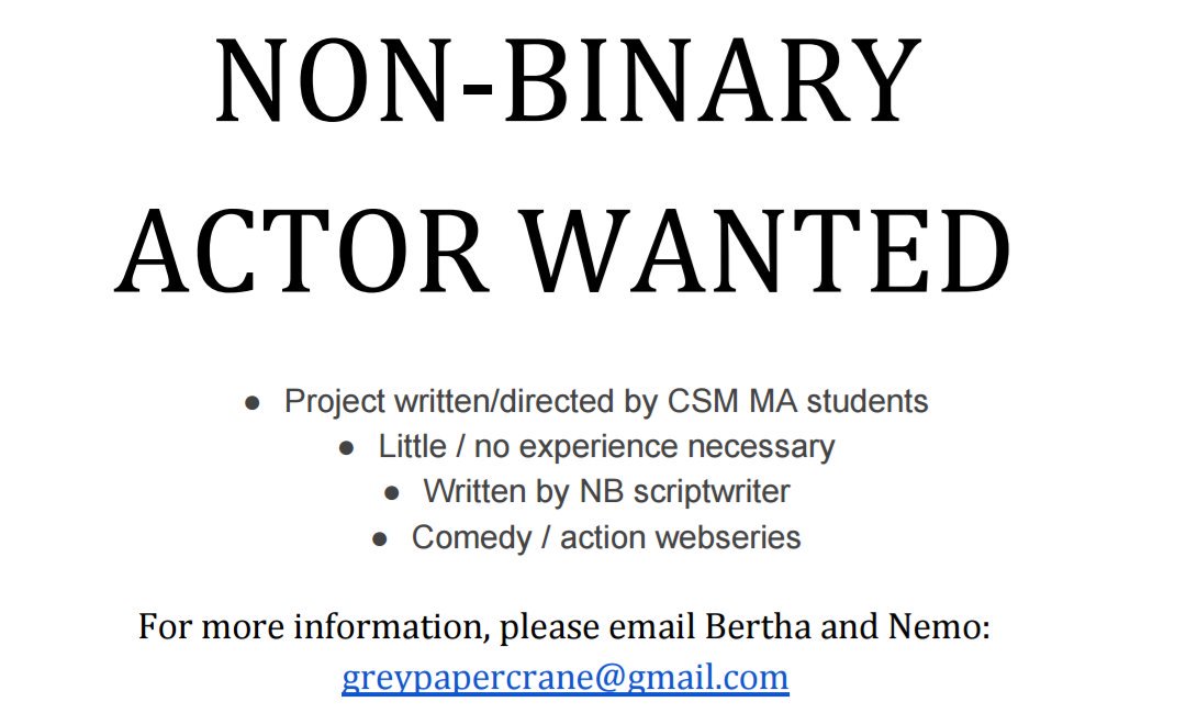 zeus_japonicus's tweet photo. Casting call for #ManFridayWeb - actor can be based in London, Toronto, New York or West Coast (USA) #nonbinarytwitter #enby #nonbinary https://t.co/5K658hR5Iz