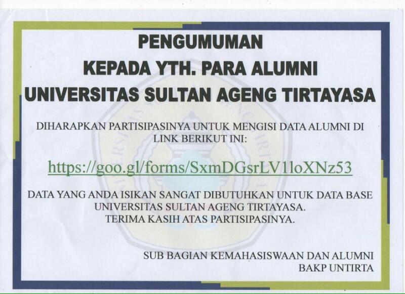 SemutUntirta's tweet photo. FYI: buat para alumni UNTIRTA @infoUNTIRTA @BEMFKIPUntirta @untirta_bemfeb @bemfisipuntirta @BEMFHUNTIRTA @bem_ftuntirta @bemFPuntirta https://t.co/i1ETwEc5Vv