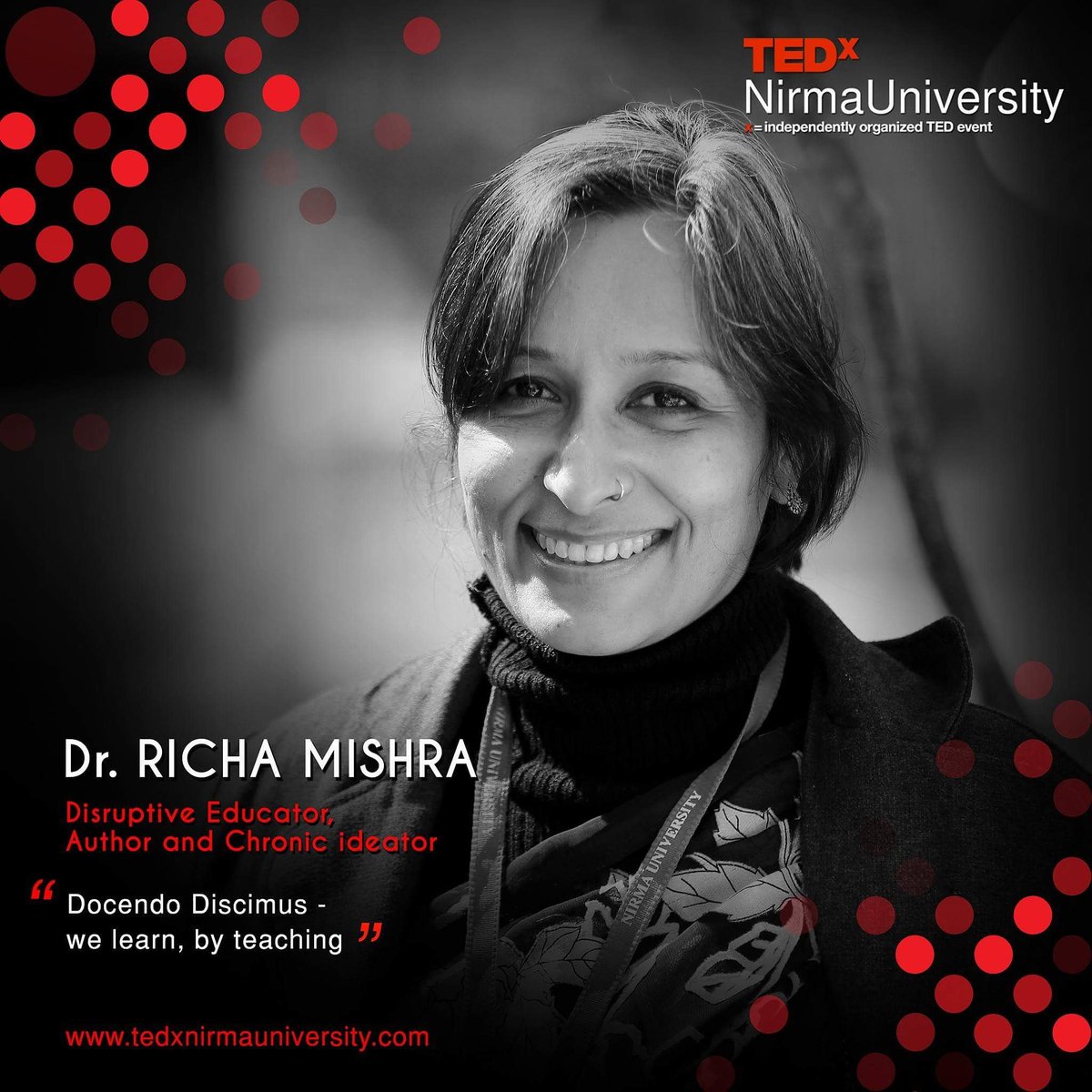 TEDxNirma's tweet photo. 6th Speaker : Dr. Richa Mishra
Date : 22nd April, 2017
#tedxnirmauni #ted #tedtalks #tedx 

Register : https://t.co/DRklDEoYnN https://t.co/lPI9EykBTs