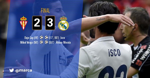 marca's tweet photo. FINAL | El Real Madrid remonta ante el Sporting y mete más presión al Barça en la pelea por #LaLiga https://t.co/rpjl1cvyBE https://t.co/xkLggw5a2c