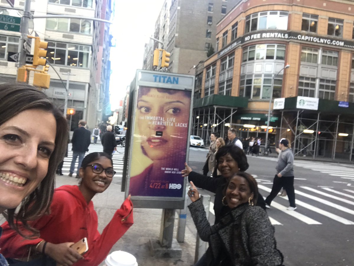 RebeccaSkloot's tweet photo. Some of #HenriettaLacks's family &amp; I walked NYC freaking about #HeLaFilm posters everywhere.Such joy.Much more here: https://t.co/Zyp9FoZ4nE https://t.co/Lrw7Al54ye
