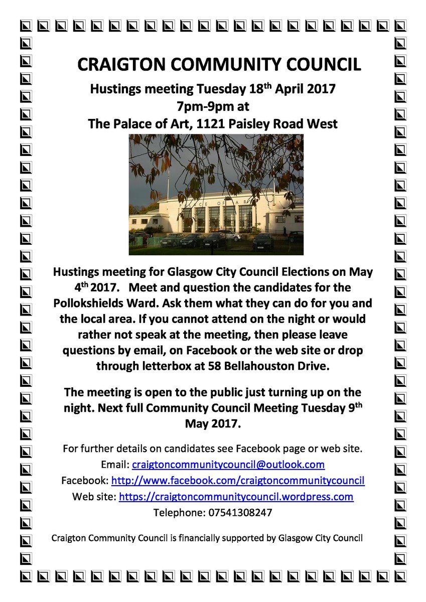 CraigtonCC's tweet photo. Come to our Hustings meeting on Tuesday 18th April in the Palace of Art 7-9PM https://t.co/fas49naSen https://t.co/2c6UoBsq9L
