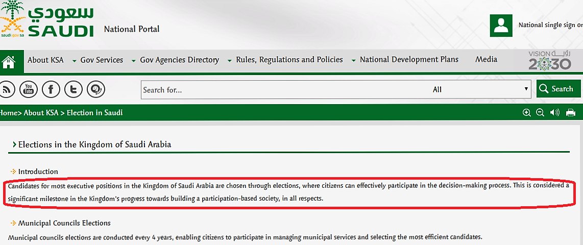 OSaeedFJ's tweet photo. The most ridiculous thing one can say when describing #SaudiArabia's political system: #Saudi Gov Portal 🤥
#democracy
#autocracy
#election https://t.co/N3t4LeFo6H