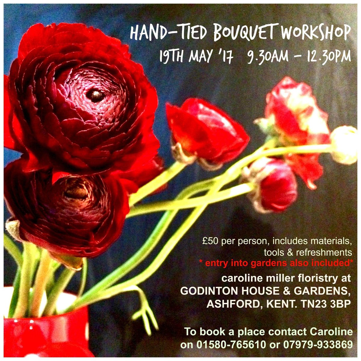 Floristry workshop 19th May <a href="/cmfloristry/">caroline miller</a> will be <a href="/Godinton/">Godinton House</a> in #Ashford How to hand tie and gift wrap a bouquet Suitable from beginner level