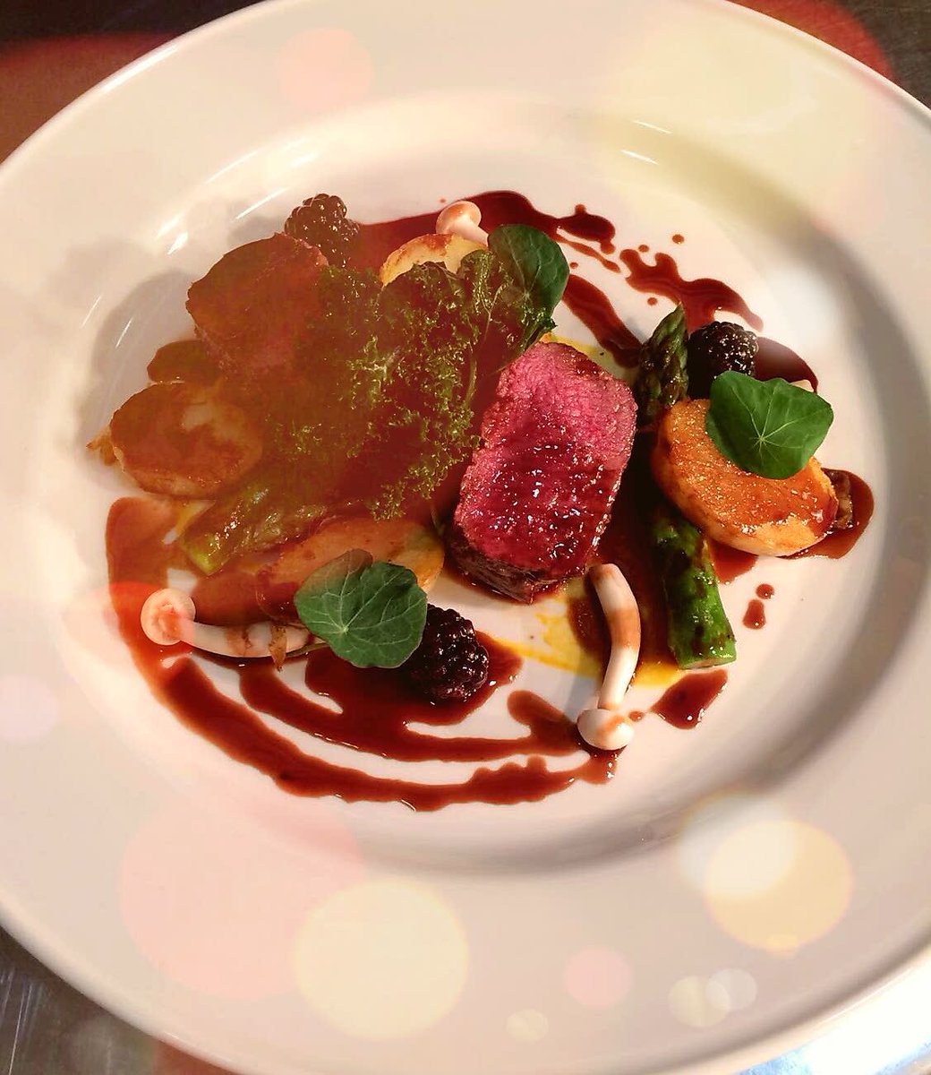 Venison loin, jersey royals, asparagus, pickled shimeji, kale, squash puree, blackerry jus, nasturtium leaf #goodfood