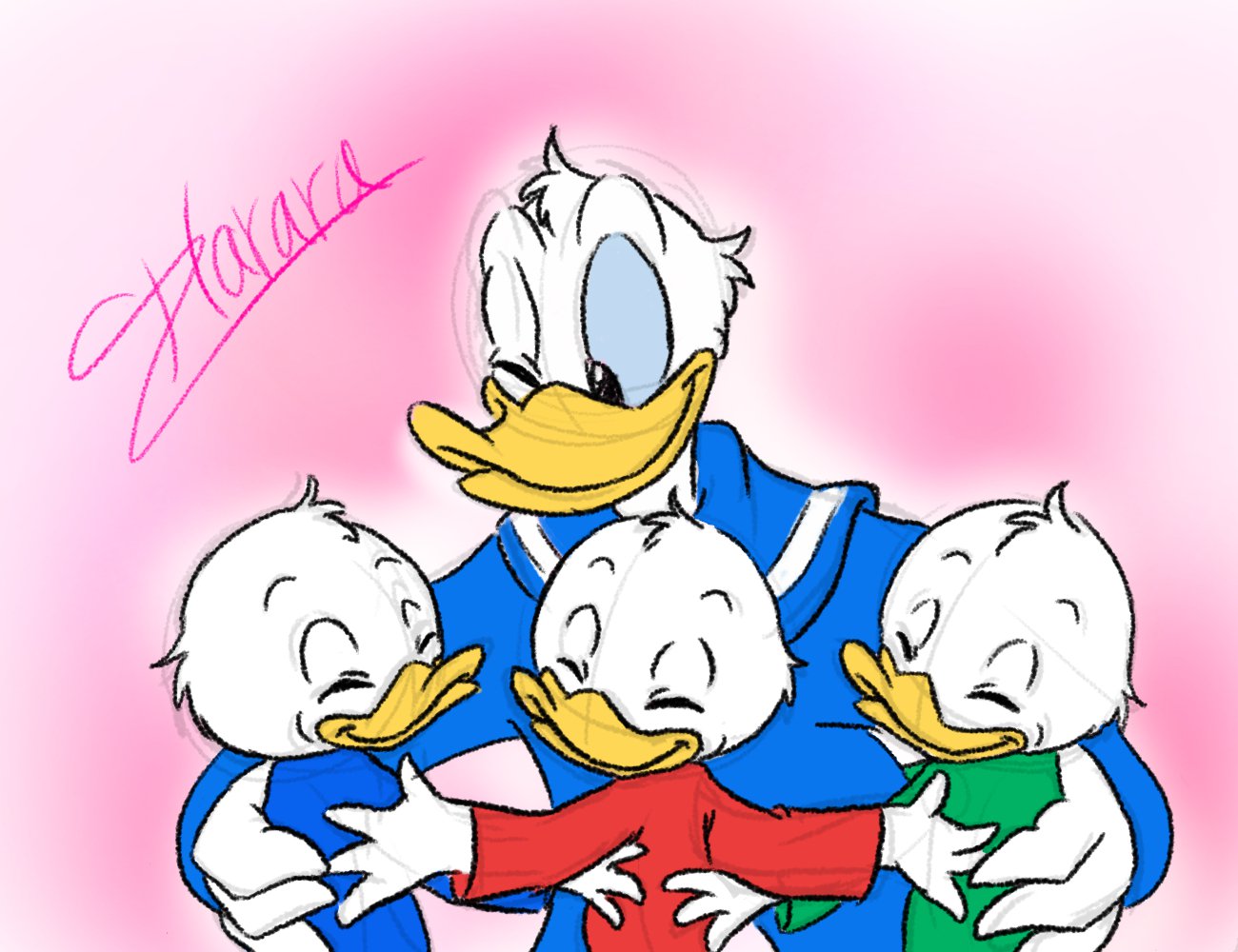 ハララ Twitterren めっちゃ簡単にだけどお祝いイラスト ぎりぎり ドナルドは短気できつくあたることもしょっちゅうだけど とっても優しいおじさんだと思う ヒューイデューイルーイ生誕祭 ヒューイデューイルーイスクリーンデビュー T Co plh2io2g