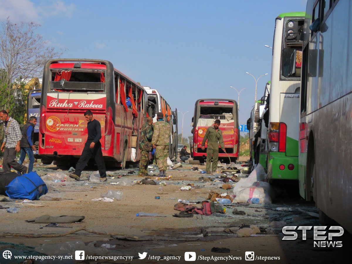 stepplusone's tweet photo. pictures of the explosion that targeted the gathering place of buses carrying the people of ##Kfraya & #Alfoua in #Rashidin west of #Aleppo https://t.co/vFKkoywSa6