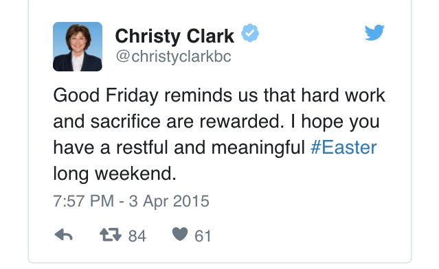 better_bc's tweet photo. Guys, guys, relax. The deleted @christyclarkbc #EasterTweet was just talking about getting to eat chocolate after a fast. #bcpoli /1 https://t.co/U1AEay30a6