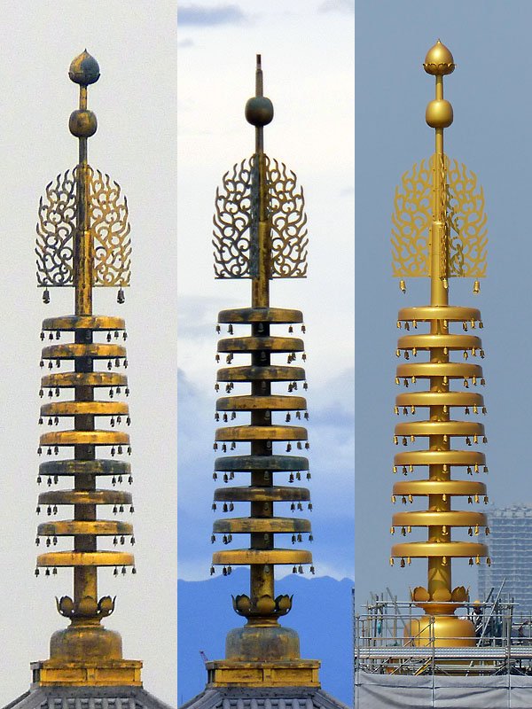 2017/4/13、改修工事中の東京・浅草の浅草寺五重塔で13日、頂上部