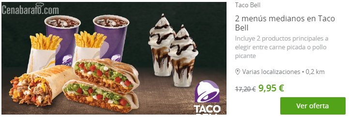 cenabarato's tweet photo. #Tacofans aprovecha este #chollo: 2 menús + 2 helados #Tacobell sólo 10€.
La oferta: https://t.co/n2wdTvjbar
#Madrid #Barcelona #Valencia https://t.co/IC6NgXe2QB