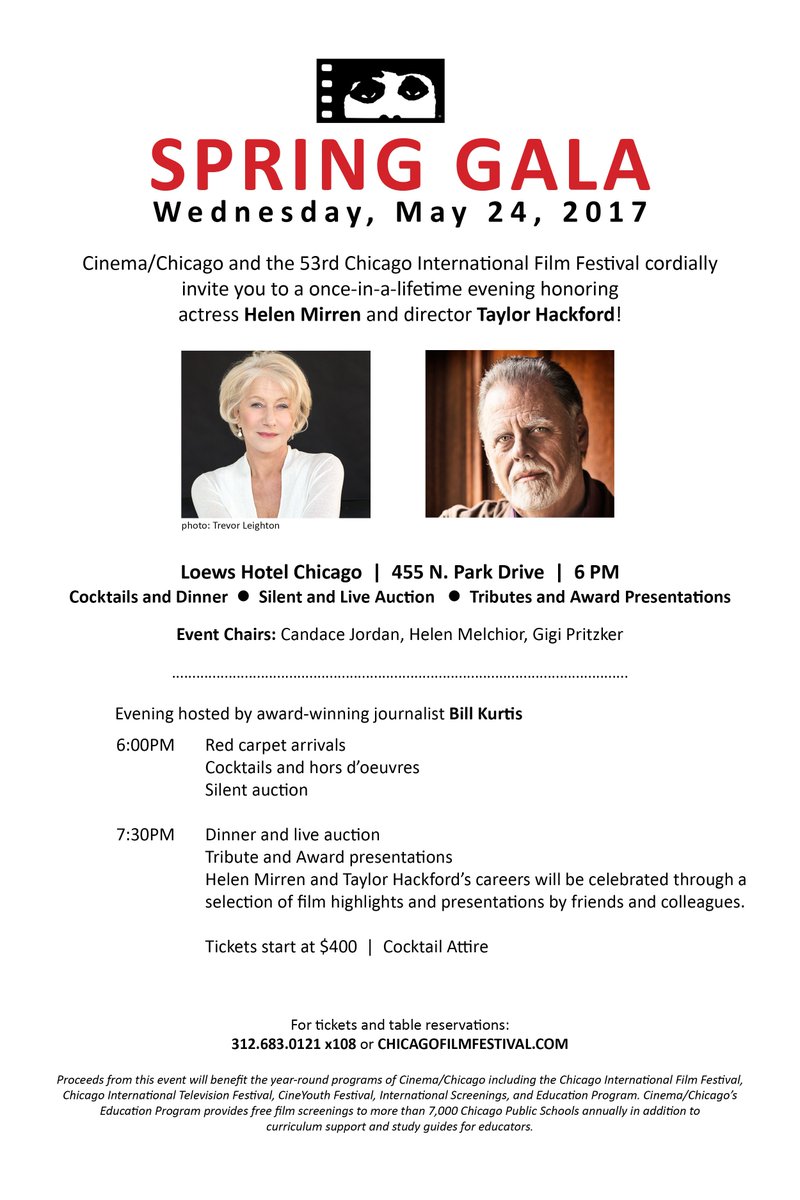 #Bignews 5/24 - We'll be honoring the talented actress #HelenMirren &amp; director #TaylorHackford at our Spring Gala!  See #chifilmfest invite