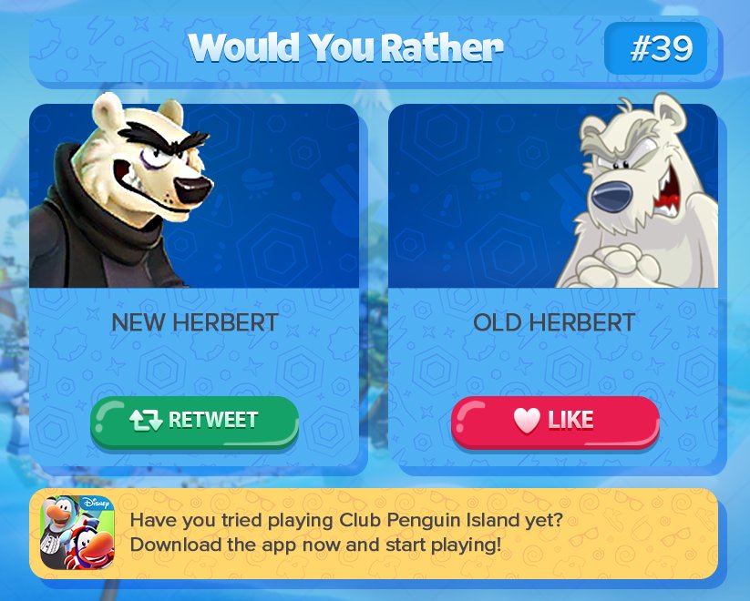 WYRCP's tweet photo. Question #39: New (CPI) Herbert or Old (CP) Herbert? #clubpenguin https://t.co/Aw2Ne383bp