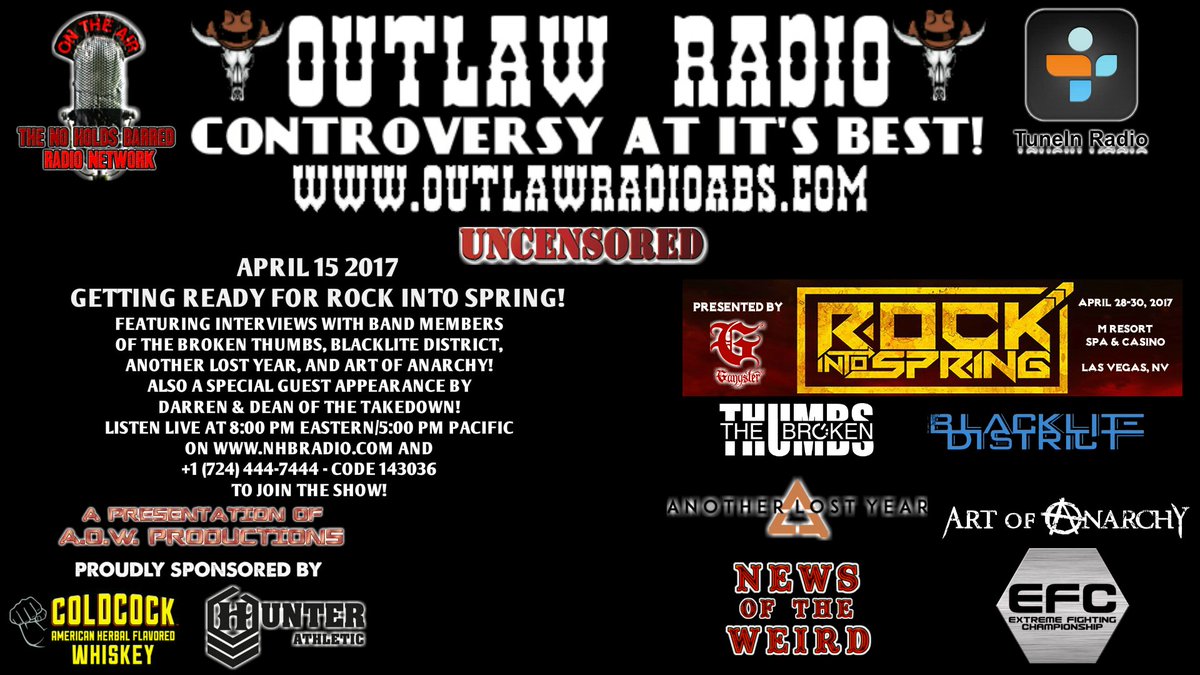 NHBRadio's tweet image. Covering @rockintospring on @OutlawRadioABS! The Broken Thumbs, @OfficialBLD, @anotherlostyear, &amp;amp; @artofanarchy interviews! #RockIntoSpring