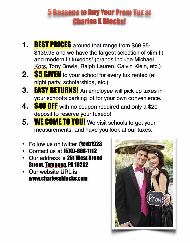 cxb1923's tweet photo. Prom is approaching, here are 5 reasons to choose CXB! We do everything we can to give you the ultimate experience with the most convenience https://t.co/tJPQcpPBnN
