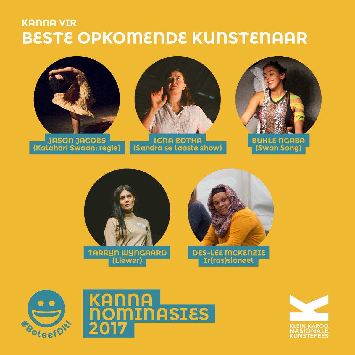 Die Kanna-nominasies vir Beste Opkomende Kunstenaar: Jason Jacobs, Igna Botha, Buhle Ngaba, Tarryn Wyngaard en Des-Lee McKenzie. #KKNK2017