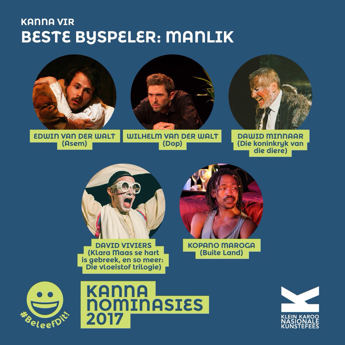 Kanna-nominasies vir Beste Manlike Byspelers: Edwin van der Walt, Wilhelm van der Walt, Dawid Minnaar, David Ralph, Kopano Maroga. #KKNK2017