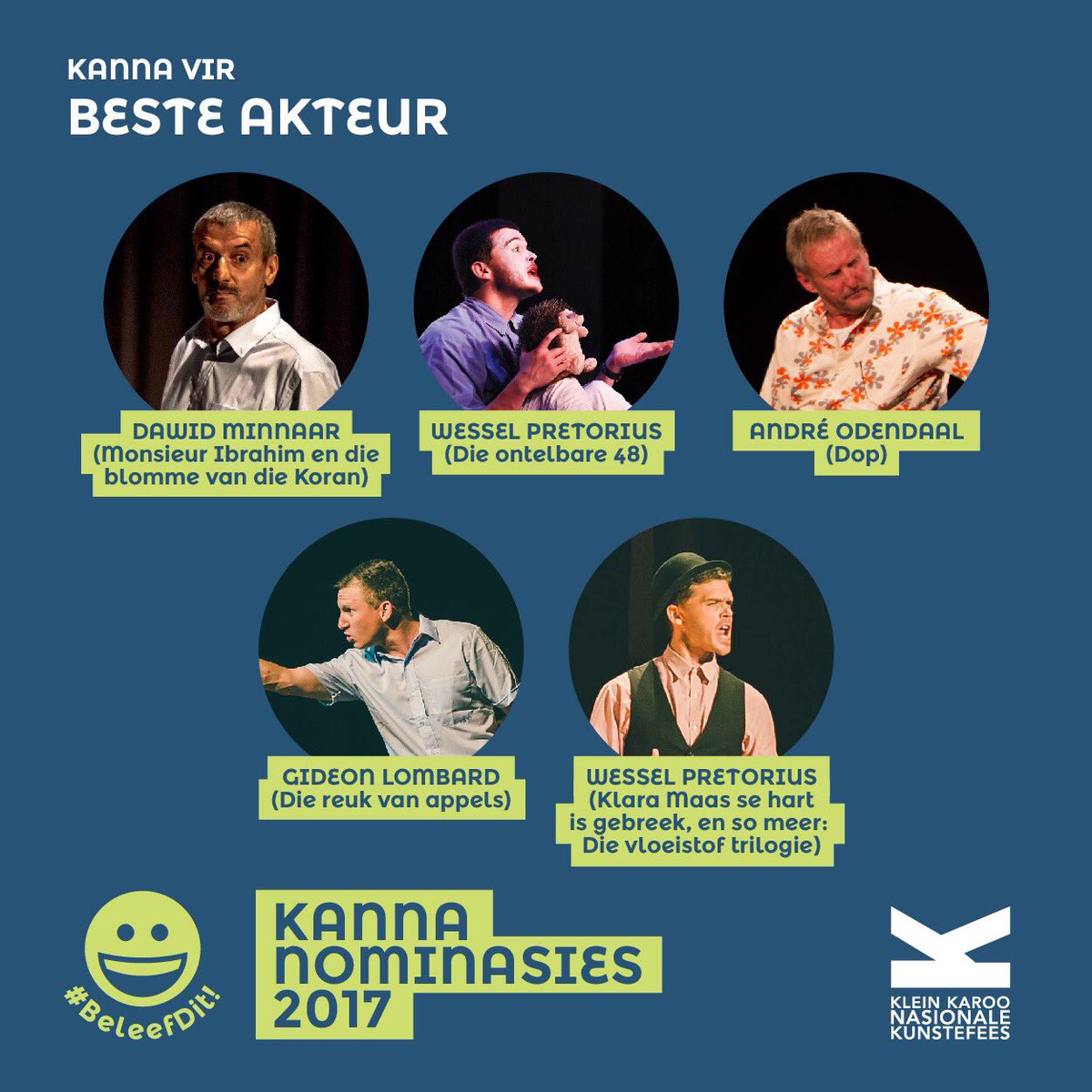 Die vyf Kanna-nominasies vir die Beste Akteur by #KKNK2017 is Dawid Minnaar, Wessel Pretorius, André Odendaal en Gideon Lombard #BeleefDit