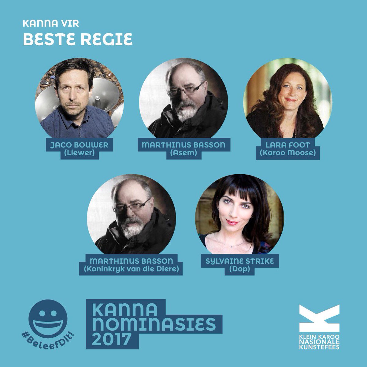 Die Kanna-nominasies vir die Beste Regie: Jaco Bouwer, Marthinus Basson, Lara Foot en Sylvaine Strike. #KKNK2017 #BeleefDit  #Kannas