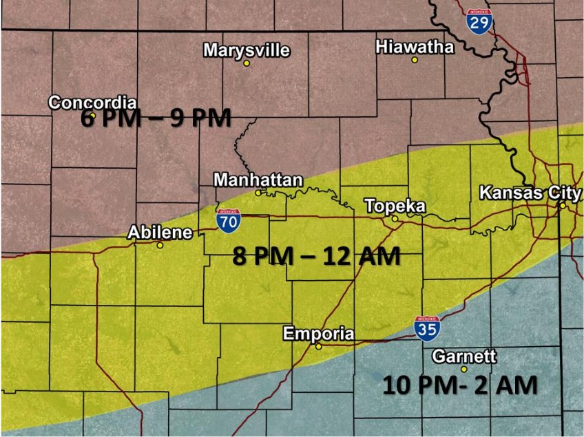 Expected timing for t-storms this evening into the overnight. Main Hazards: Large Hail, Damaging Winds, Heavy Rain. (April 15th, 2017) #kswx