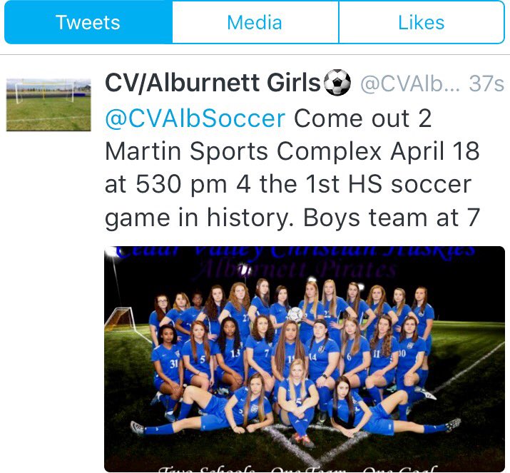 <a href="/CVAlbSoccer/">CV/Alburnett/INCA ⚽️</a> <a href="/CVCSHuskies/">CVCS Huskies</a> <a href="/AlburnettFCA/">Alburnett FCA</a> <a href="/AlburnettCSD/">Joan</a> Come on out and support the teams and be part of history. ⚽️