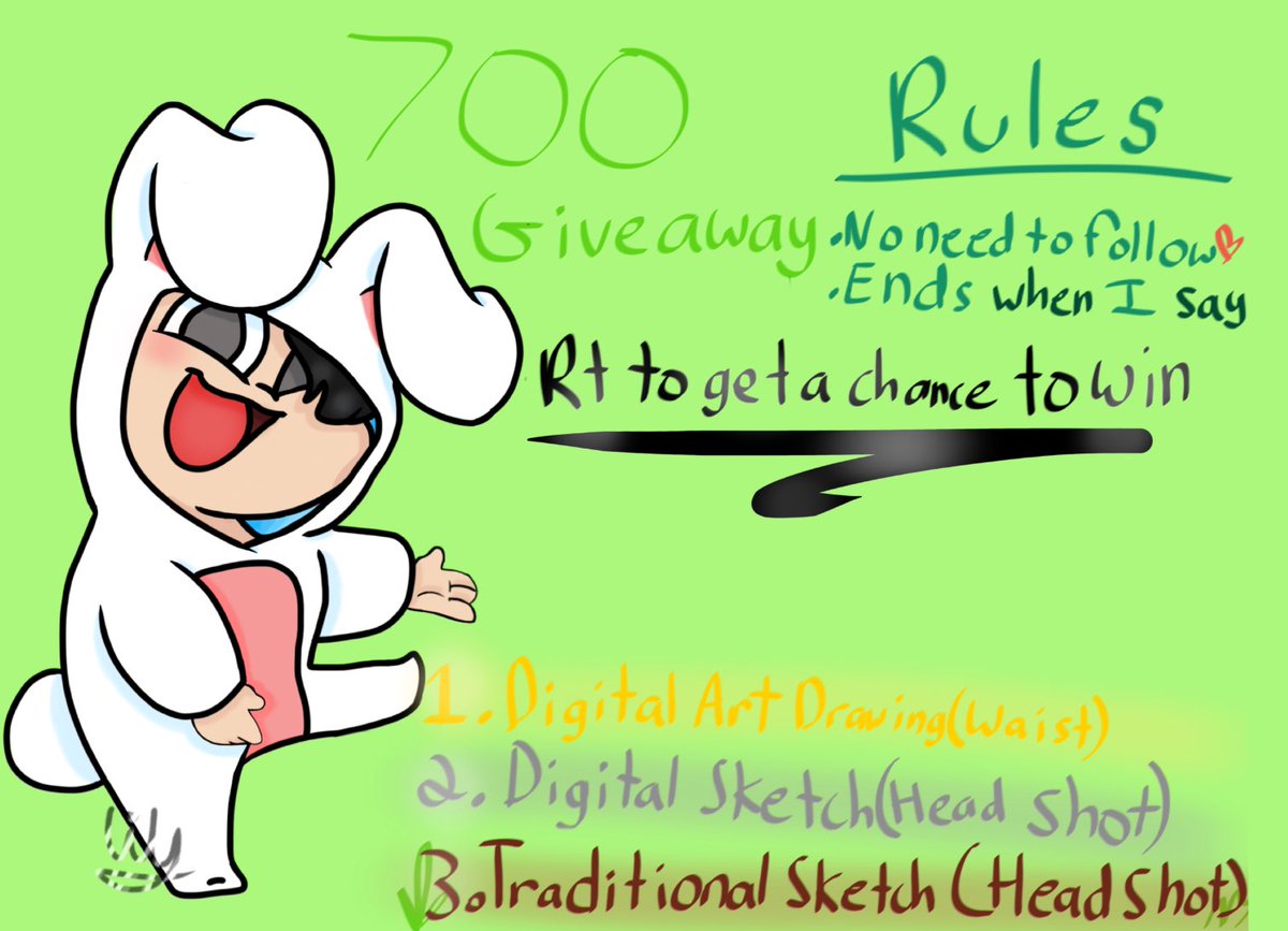 Happy Easter! (Today or tomorrow) also thank you so much for 700 follows!  (I'm very late)

Doing a art giveaway, good luck everyone! ✨