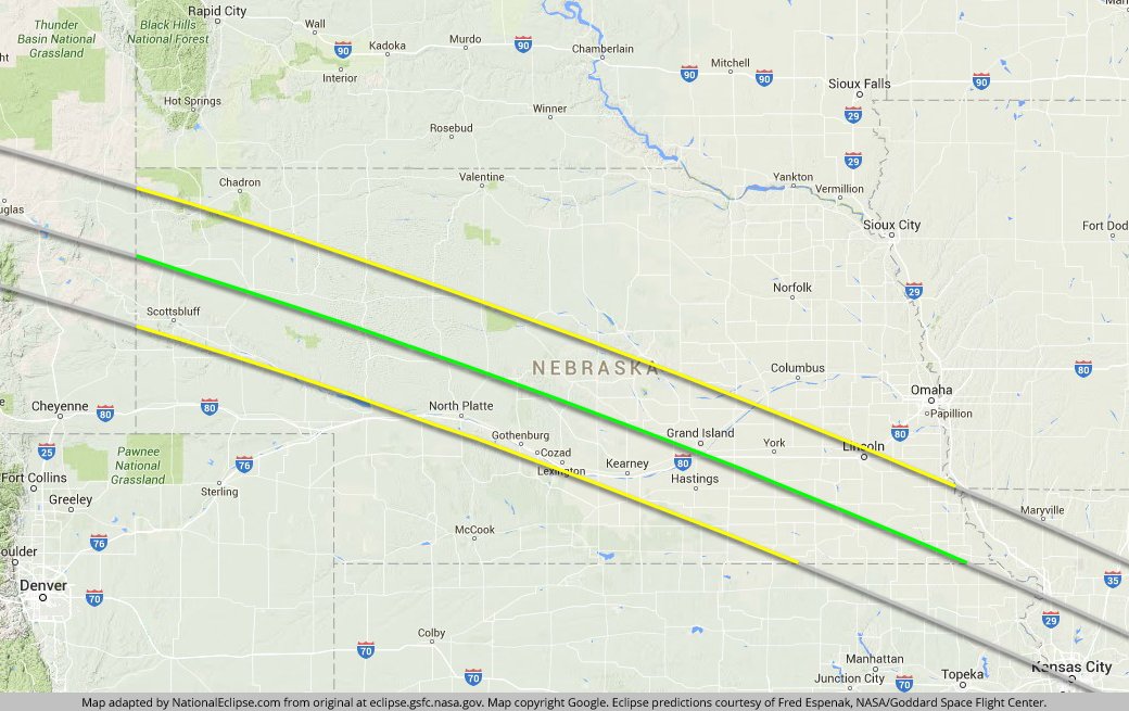 NationalEclipse's tweet photo. The centerline of the #NationalEclipse enters Nebraska at 10:25am MDT, with totality beginning at 11:46am MDT. https://t.co/fde0Vs1wKc