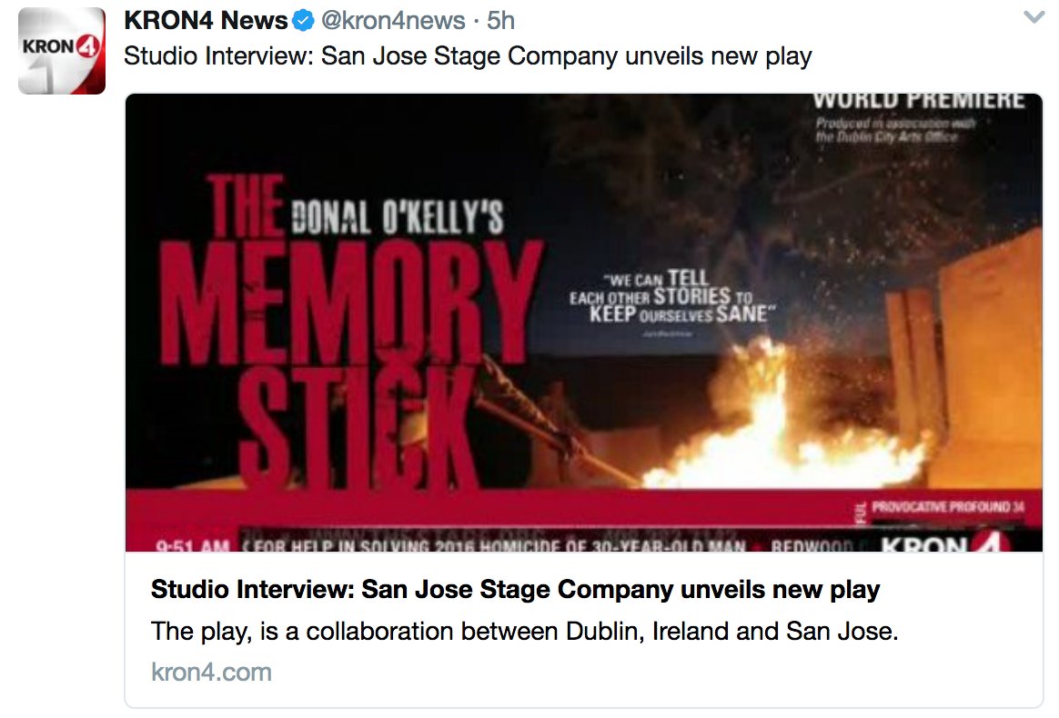 sanjosestage's tweet photo. WATCH @kron4news: @KRON4MGonzalez @SanJoseStage discuss @DonalOKellyInfo's new play #TheMemoryStick https://t.co/am6yEWdDHP #SFThtr @sjcnow https://t.co/dy6TdNCttU