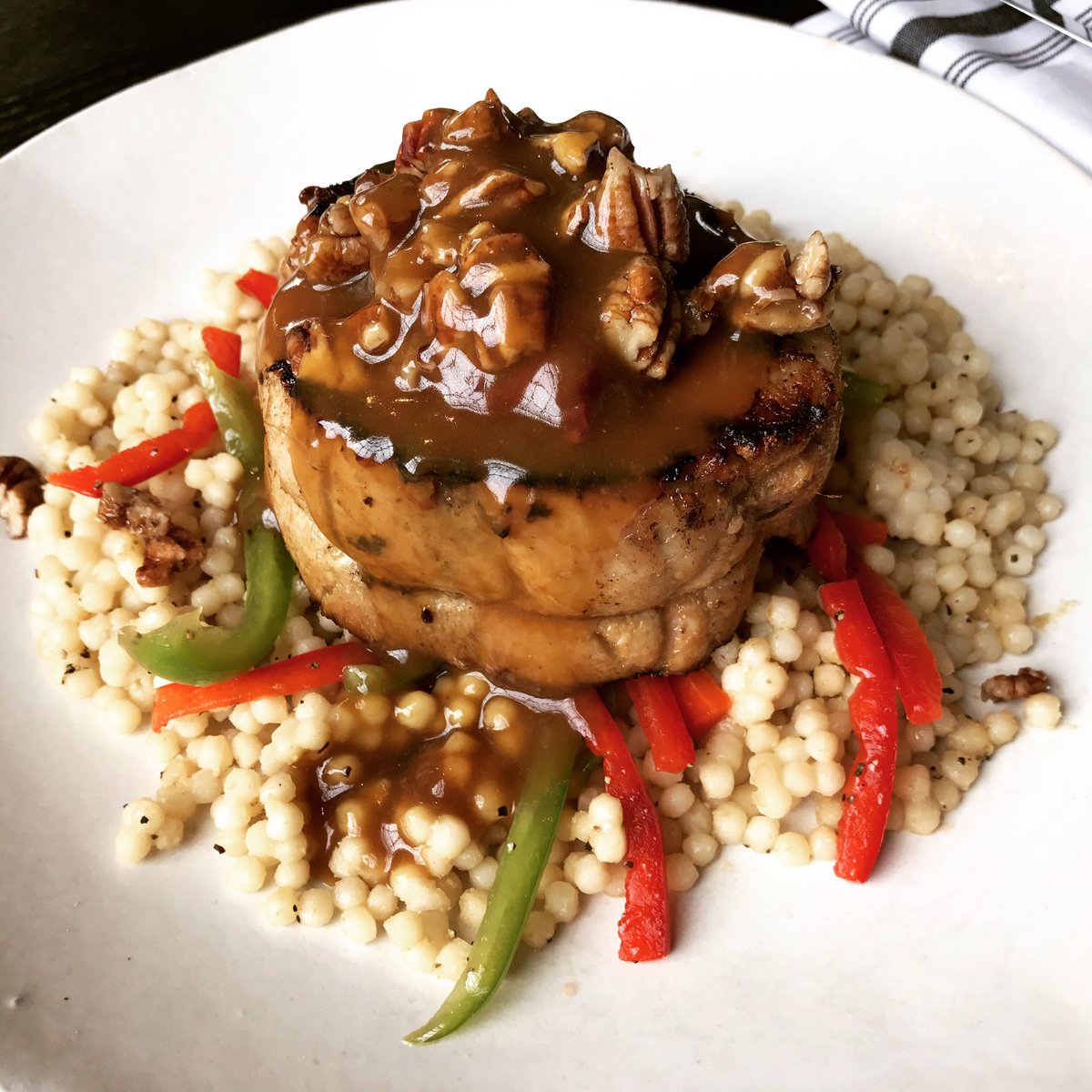 BelfreKitchen's tweet photo. NEW DINNER PLATE. Stuffed Pork Loin: leek, black truffle cheese, couscous, peppers, chutney, candied pecans. #dinnerplans #foodandfriends https://t.co/cELgratIpi