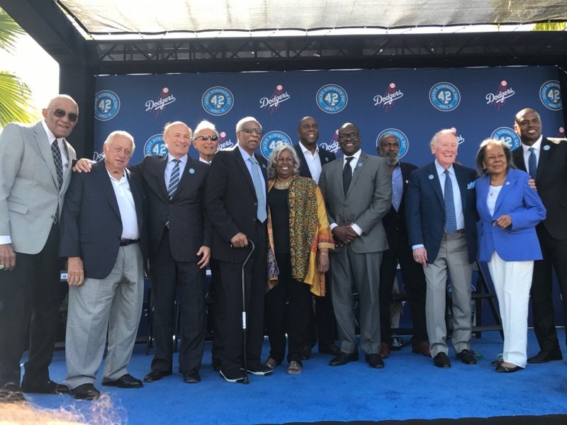 MagicJohnson's tweet photo. One of the greatest days of my life. LA Dodgers celebrated an American legend, Jackie Robinson. #Jackie42 https://t.co/dMYIFNkDAG
