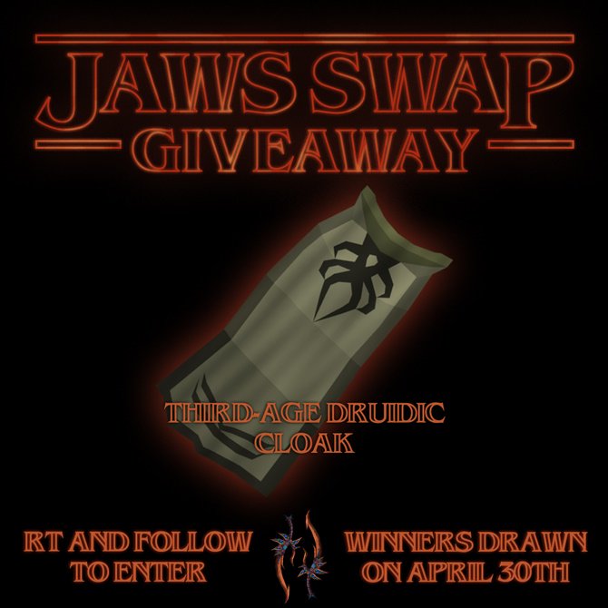 JawsSwap's tweet image. Giving away 3A Cloak

Follow &amp;amp; Retweet for a chance to win

Draws April 30 @ Game Reset

Tag 2 Friends to win a Drygore Longs Set EACH!