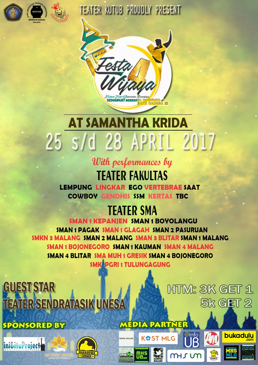 UKM KUTUB Proudly Presents
FESTAWIJAYA 4
25-28 APRIL 2017
GEDUNG SAMANTHA KRIDA UNIVERSITAS BRAWIJAYA

Dont miss it