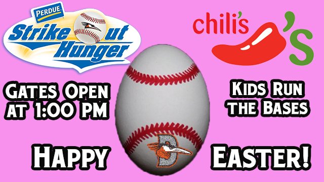 Delmarva Shorebirds (@shorebirds) on Twitter photo Happy Easter! It's a <a href="/PerdueAg/">Perdue Agribusiness</a> Strike Out Hunger Sunday! Kids can Run the Bases after the game, courtesy of <a href="/Chilis/">Chili's Grill & Bar</a>! Gates open at 1:00 PM. Happy Easter! It's a <a href="/PerdueAg/">Perdue Agribusiness</a> Strike Out Hunger Sunday! Kids can Run the Bases after the game, courtesy of <a href="/Chilis/">Chili's Grill & Bar</a>! Gates open at 1:00 PM.