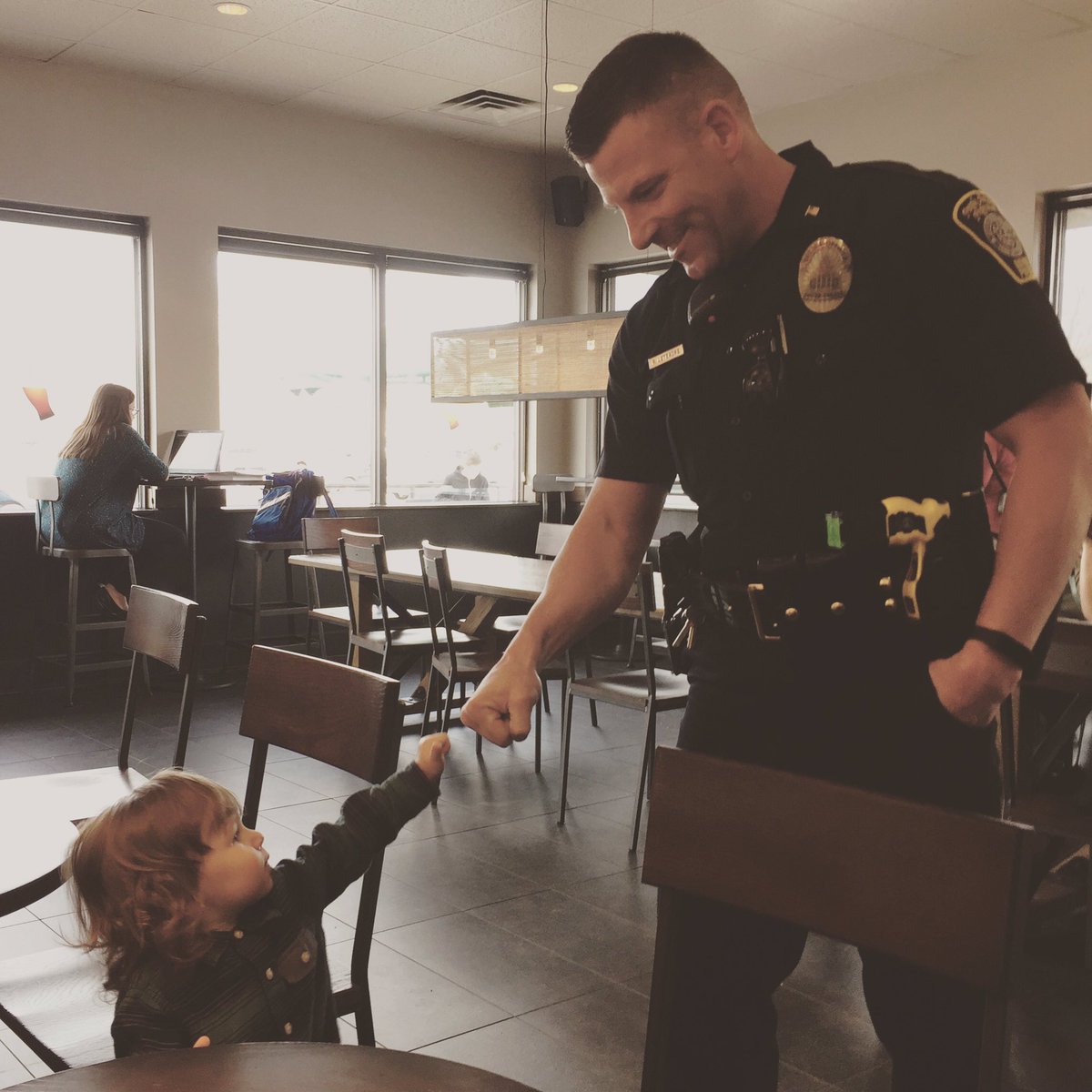 These two were so cute during our <a href="/Starbucks/">Starbucks</a> run! <a href="/DoverNHPolice/">Dover NH Police</a> #takehimawayofficer #coffeedate #cutekid #wegotstickers