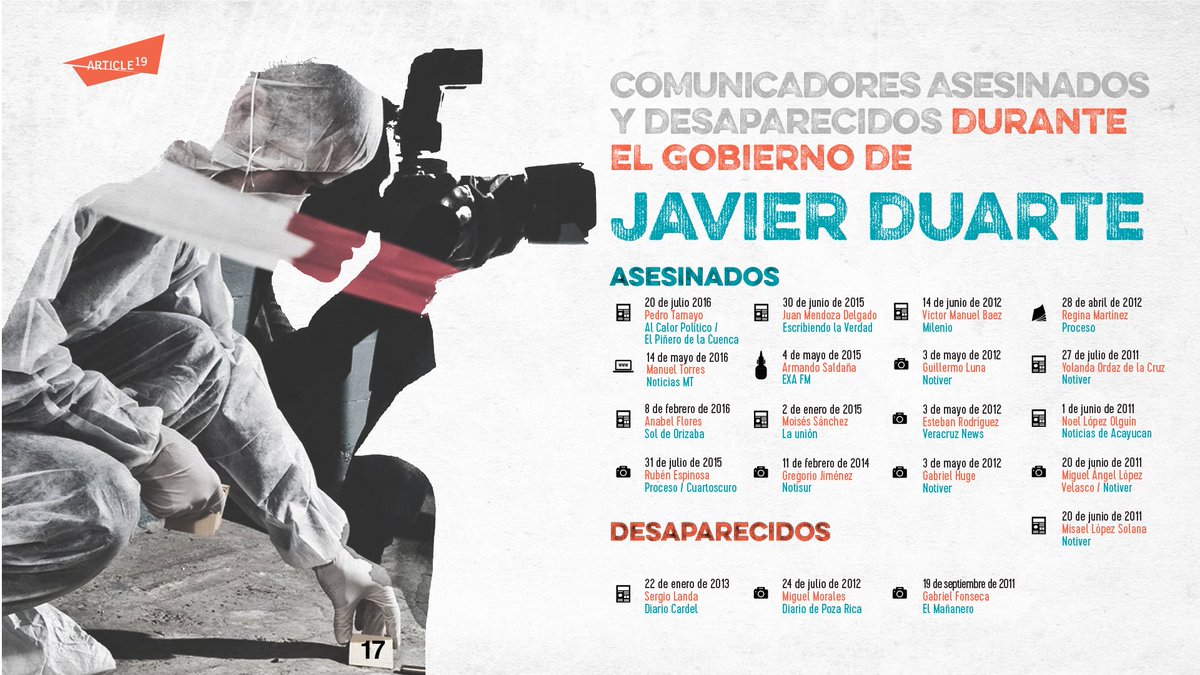 article19mxca's tweet photo. Durante el gobierno de #JavierDuarte 17 periodistas fueron asesinados, 3 más permanecen desaparecidos. #NoNosVamosACallar https://t.co/do1m15DFEA