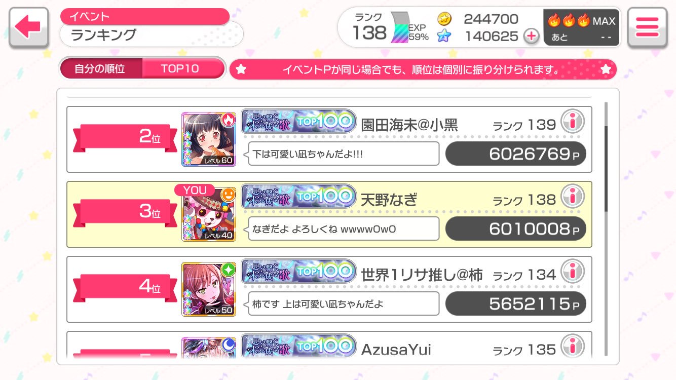 天野 なぎ En Twitter なぎです 中国人で 日本語の初心者です 今まで全曲フルコン済 総合値は22 8万ほど 第2回イベントの3位達成 第3回イベントの13位達成 協力ライブのお誘いお気軽にどうぞ ガルパ バンドリ 協力ライブ バンドリ協力 T Co