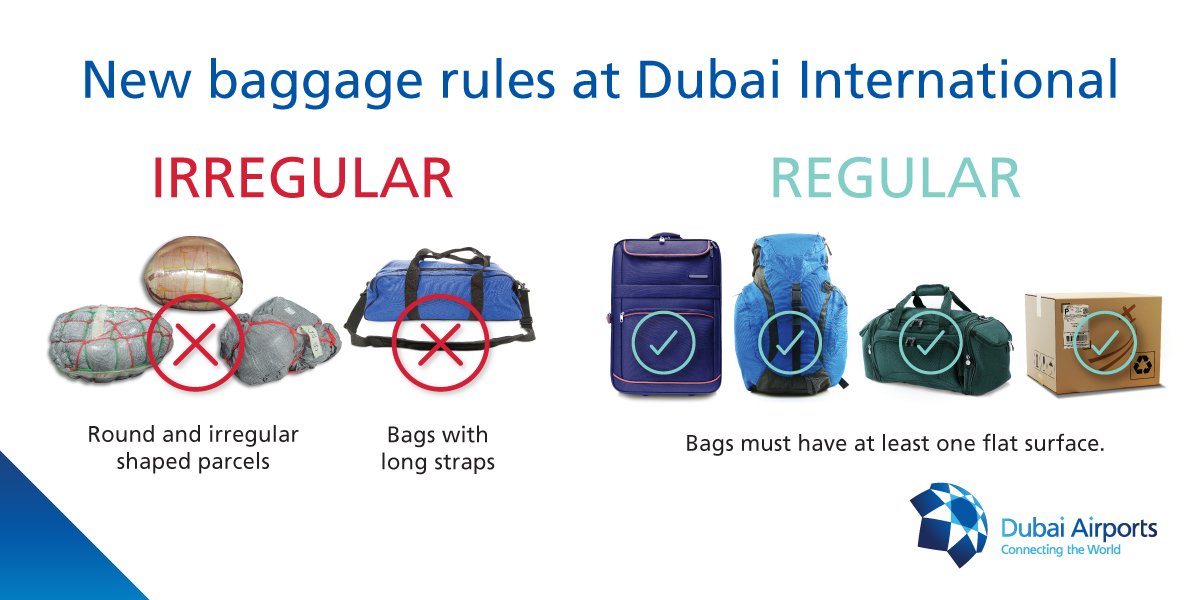 DXB's tweet photo. New baggage rules have been introduced to help improve baggage services for all passengers at DXB. Bags must have at least one flat surface https://t.co/aPwn2aWCFh