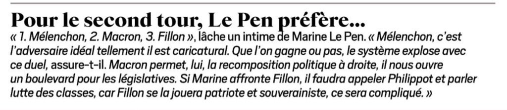 florencedesruol's tweet photo. L'adversaire le plus redouté par MLP, c'est Fillon ! Mélenchon et Macron l'arrangent @lejdd https://t.co/R7MfWUowzw