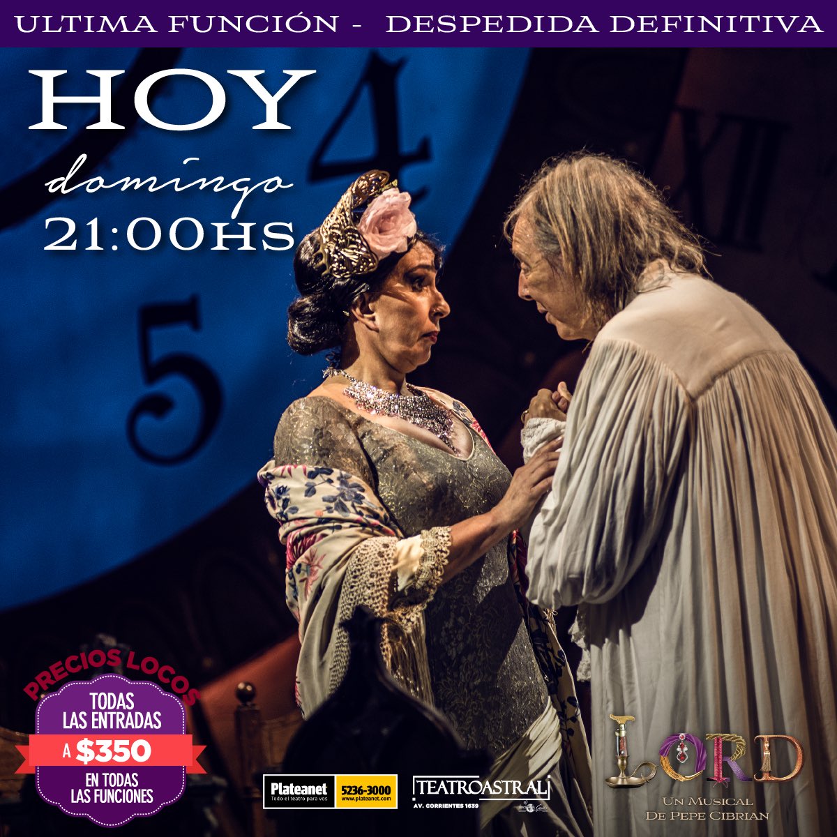 HOY ÚLTIMA FUNCIÓN! Con profunda emoción despedimos esta maravillosa historia! Acompañanos! #LordElMusical 🎩🎶
🎟➡️ bit.ly/Lord16