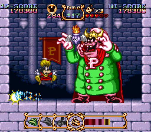 8bitter Sfc ミッキーのマジカルアドベンチャー クリア キャラクター物とは言え 丁寧に作られたアクションに好感が持てます ミッキーを着せ替え その格好の特殊能力でステージを攻略していくのも楽しいし 歯ごたえあるボス戦もカプコンらしい作り