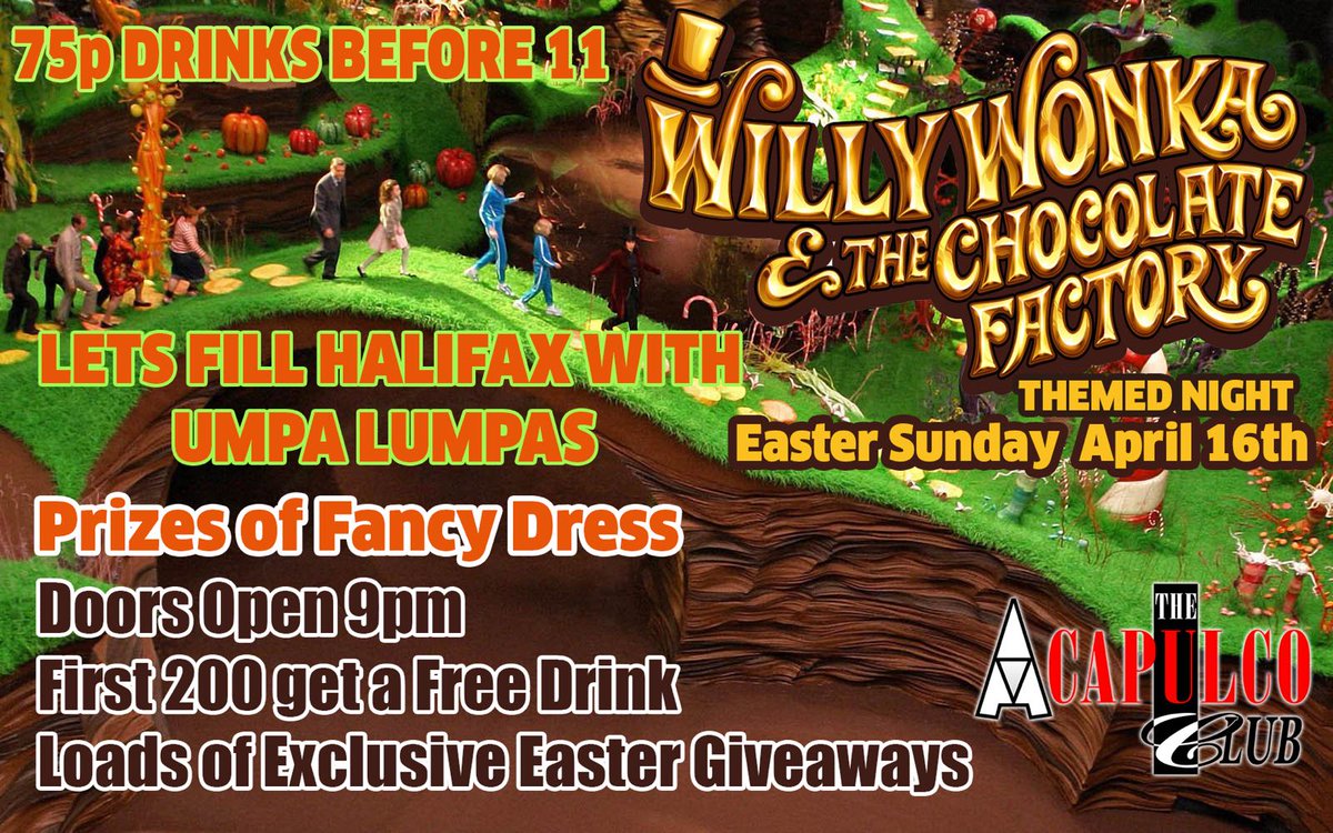 acapulcohalifax's tweet photo. Its Bank holiday Sunday and the Wonka party is finally here!
We open from 9pm
75p drinks till 11pm

RT + follow to win free entry https://t.co/ZmsTlJn6WS