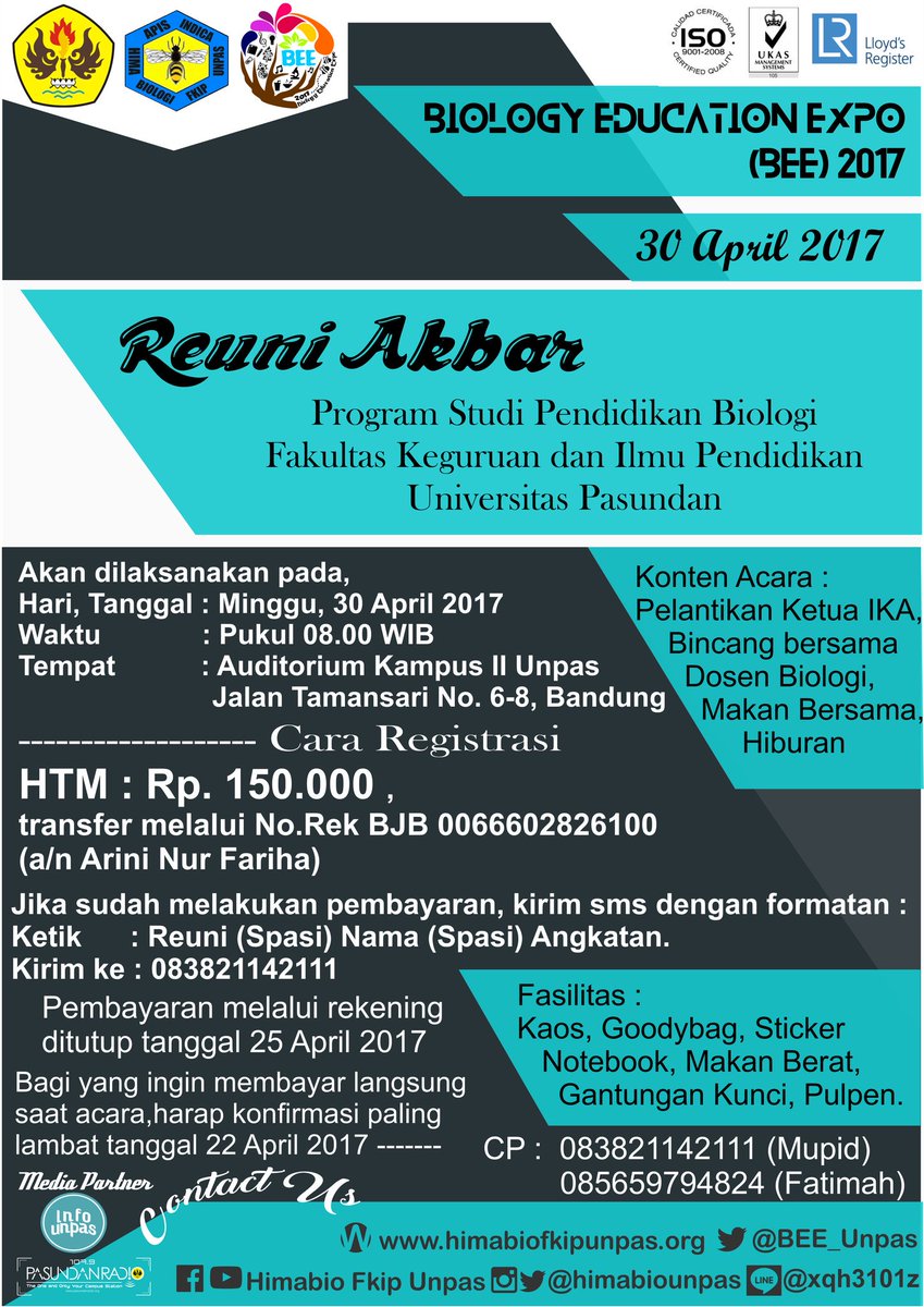 BEE_Unpas's tweet photo. [INFO BEE 2017] Reuni Akbar Alumni Pendidikan Biologi FKIP Unpas 30 April 2017 ---- HTM 150K at Auditorium Unpas Tamansari https://t.co/HcWYBTRM3B