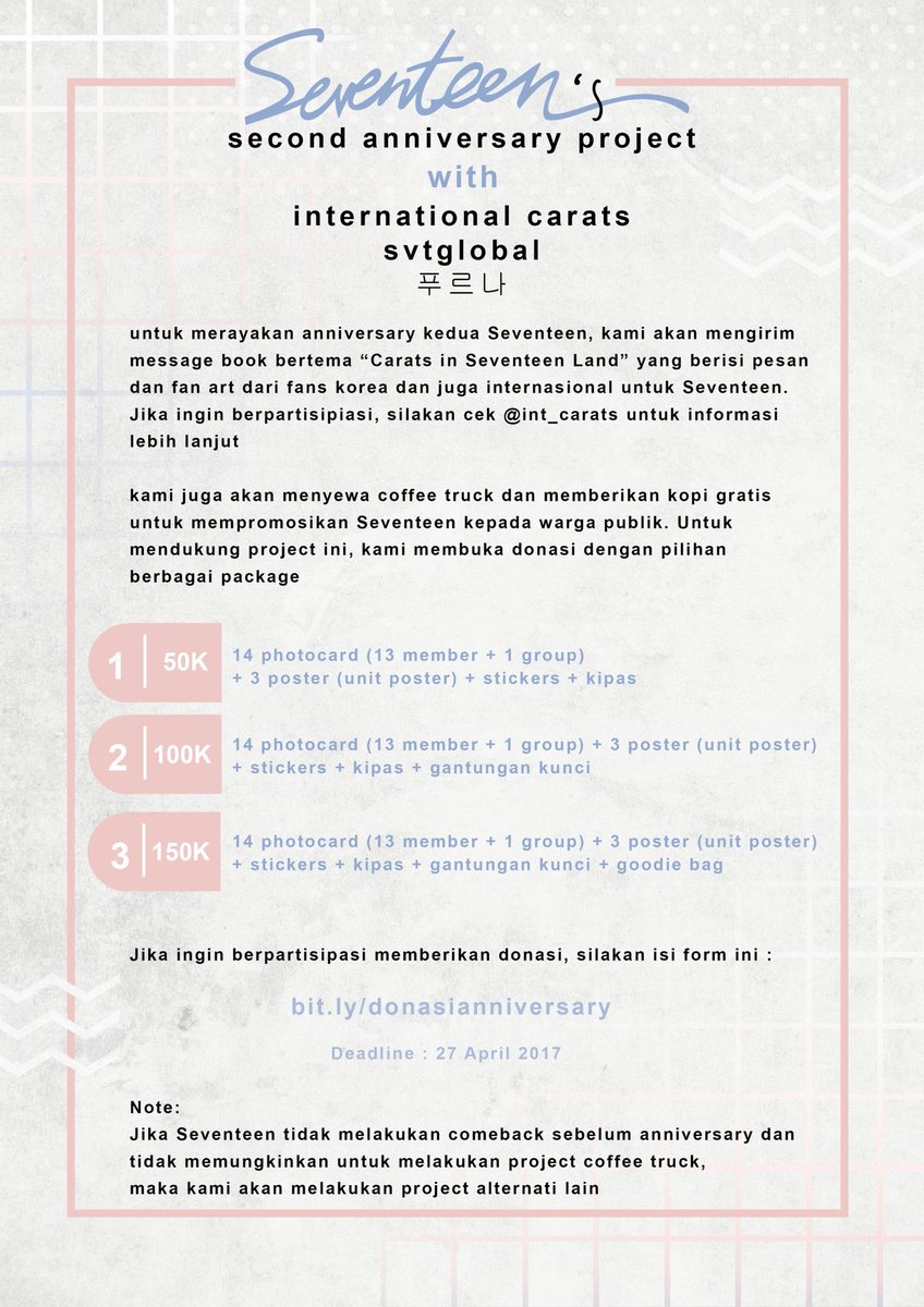 SintaDyana's tweet photo. [PROJECT] Seventeen's 2nd Anniversary Project~
Carats from Indonesia can donate... https://t.co/ZdW8EgOgiV by #SVTGlobal via @c0nvey https://t.co/M4aRKXSR5J