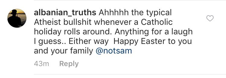 NotSamMemes's tweet image. This person really nailed you on your last insta post @notsam .... When I think 100% Outspoken atheist, you always come to mind!