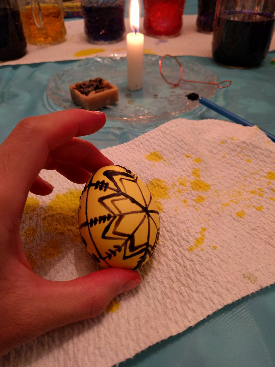 saralnelson's tweet photo. First #Pysansky (Ukrainian #Easter egg decorating) attempt! Pencil lines & all. Second attempt happening this morning. #HappyEaster ☀️ https://t.co/YXe1wYVEQM