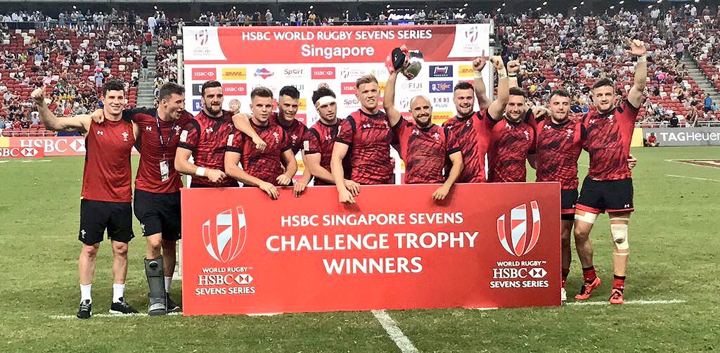 WelshRugbyUnion's tweet photo. Trophy time for young Wales in #Singapore7s - and their coach says their potential is "very exciting": https://t.co/PYrZgjJXGC https://t.co/uZm6B1Ug82