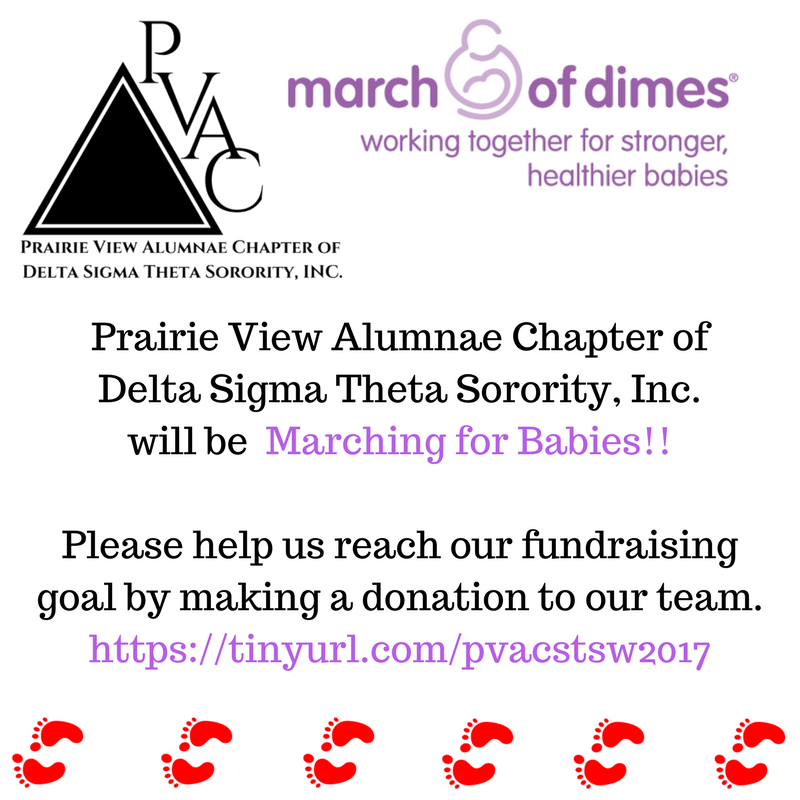 pvadst's tweet photo. Prairie View Alumnae Chapter of Delta Sigma Theta Sorority, Inc.
will be Marching for Babies!
#DSTProject13 #marchforbabies https://t.co/it03XUXDLX